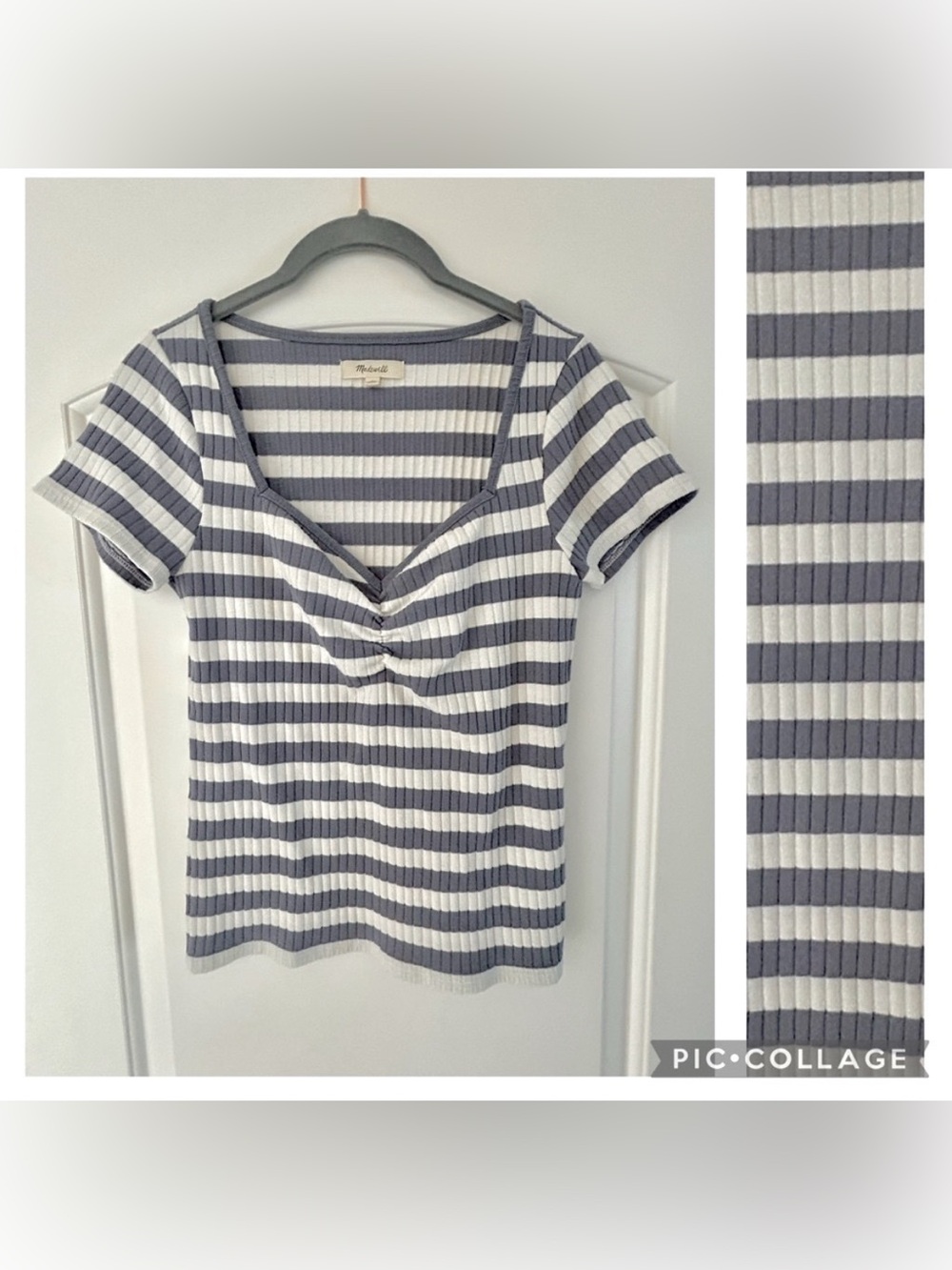 Madewell Striped Blue and White Sweetheart Neck Top